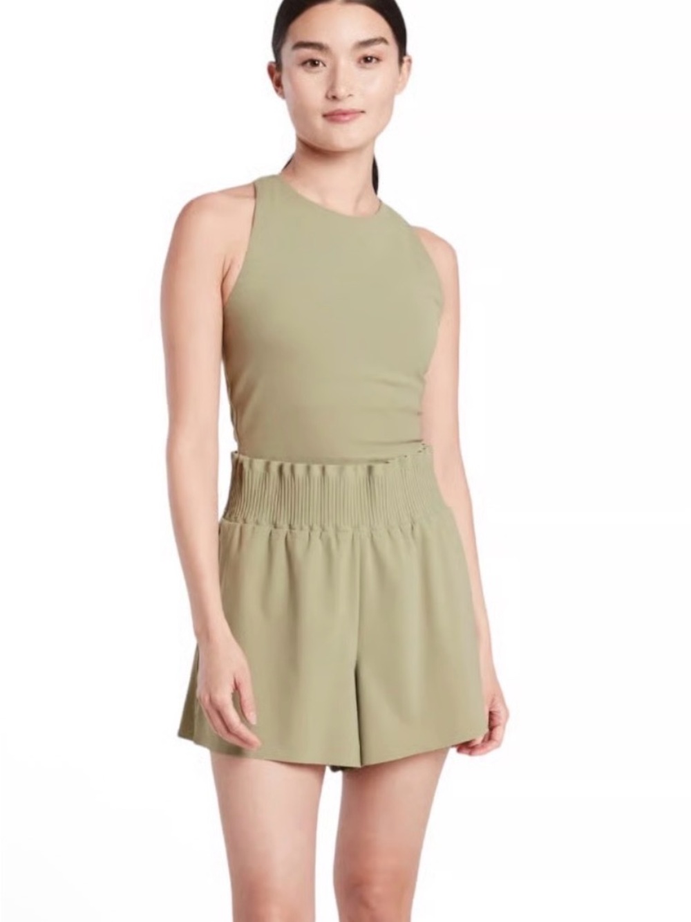 Athleta Cosmic flutter Olive Green Smocked-Waist romper size small